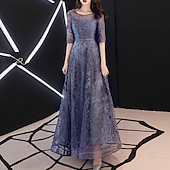 economico Lunghezza del pavimento-Abito da sera in linea A Abito elegante per invitato al matrimonio formale lunghezza fino al pavimento maniche a metà scollatura a gioiello in tulle con motivo/pattern ricamato/taglia