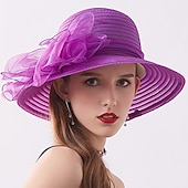 billige Partyhatter-Kentucky Derby Hatt Hatter Organza Halmsupphatt Halmlue Solhatt Uformell Ferie Melbourne Cup Cocktail Royal Ascot Vintage Stil Elegant Med Sløyfebånd Applikasjoner Hodeplagg Hodebekledning Race Day