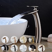 abordables Classiques-Robinet de lavabo de salle de bain cascade avec tuyau d&#039;alimentation, robinet de lavabo monotrou à poignée unique, mitigeur de lavabo à corps incliné commercial