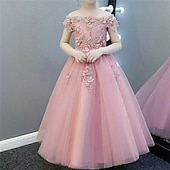 economico Abiti da damigella-Abito da damigella d&#039;onore bambina Da ragazza Vestito Abito da principessa Vestito da festa Matrimonio Feste Pegeant Elegante Da principessa Dolce Retato Fiore decorativo Manica corta Senza spalline