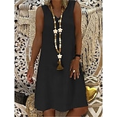 cheap Design Cotton &amp; Linen Dresses-Women&#039;s Black Yellow khaki Summer Spring Midi Dress Linen-Inspired Dresses Casual Dress Cotton Linen Dress Basic Casual Outdoor Vacation Daily Regular Fit Pure Color V Neck