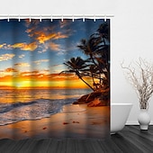 cheap Shower Curtains-Shower Curtain with Hooks 180cm*180cm(70&quot;*70&quot;) Polyester Washable Waterproof Sunrise Sunset Sea Seaside Coconut Tree Pattern