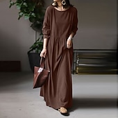 abordables concevoir des robes en coton et lin-Robe en coton et lin Robe casual Femme Robe longue maxi Lin Bohème Décontractées robe hiver du quotidien Vacances Col Ras du Cou Patchwork manche longue Eté Printemps Automne lin Ample Noir Blanche
