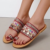 ieftine Sandale de vacanță-sandale de damă în stil boho cu margele, cu bretele colorate și inel pentru degete – pantofi de vară cu vârf deschis pentru ținute casual de plajă