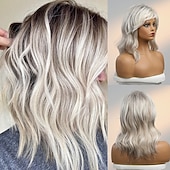 cheap Human Hair Capless Wigs-Human Hair Blend Wig Medium Length Natural Wave Side Part Layered Haircut Asymmetrical With Bangs Blonde Cosplay Curler &amp; straightener Natural Hairline Capless Burmese Hair Women&#039;s All Golden Brown