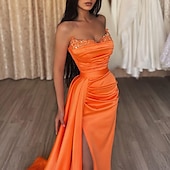 cheap ORANGE-Mermaid Sequin Evening Gown Sexy Dress Wedding Guest Cocktail Party Court Train Sleeveless Strapless Bridesmaid Dress Satin with Beading Pure Color Masquerade Dress