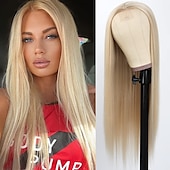voordelige Topkwaliteit pruiken-blonde synthetische pruiken lang steil haar gemengd platina blond natuurlijke haarlijn hittebestendige vezel pruiken voor modieuze vrouwen