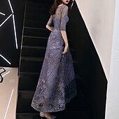 economico Lunghezza del pavimento-Abito da sera in linea A Abito elegante per invitato al matrimonio formale lunghezza fino al pavimento maniche a metà scollatura a gioiello in tulle con motivo/pattern ricamato/taglia
