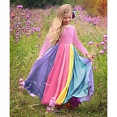 tanie Casualowe sukienki-Brzdąc Dla dziewczynek Sukienka Kolorowy blok Tęczowy Długi rękaw Ślub Rocznica Prezenty bożonarodzeniowe Niejednolita całość Elegancja Boho Piękny Bawełna Poliester Maxi Sukienka tiulowa Jesień Zima