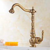 economico Rubinetti per lavello-rubinetto miscelatore per lavello da cucina tradizionale, rubinetti monocomando in ottone anticato rubinetto da cucina in stile vintage retrò con beccuccio standard montato sul ponte con tubo freddo e caldo