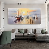 voordelige Schilderijen van landschappen-olieverfschilderij 100% handgemaakte handgeschilderde kunst aan de muur op canvas abstracte oceaan zeilboot zonsondergang landschap woondecoratie decor opgerold canvas geen frame niet uitgerekt