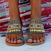 ieftine Sandale de vacanță-sandale de damă în stil boho cu margele, cu bretele colorate și inel pentru degete – pantofi de vară cu vârf deschis pentru ținute casual de plajă
