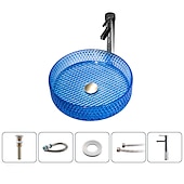 abordables Éviers-Lavabo de salle de bain avec robinet chromé, lavabo en verre, lavabo à cylindre, lavabo à main, installation de plan de travail, bassin en verre avec robinet en laiton chromé