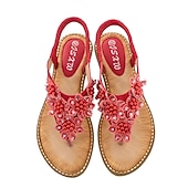 cheap Vacation Sandals-Women&#039;s Boho Floral Beaded Sandals – Casual Elastic Strap Summer Flip-Flops with Embellished Design for Beach or Casual Outfits
