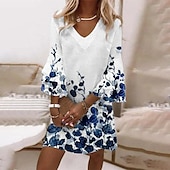 billiga Boho klänningar-Kvinnors Mini Klänning Semi Formell Klänning Petite Klänning Sundress A Line Klänning Bohemia Casual Boho Volang Ärmm Semester Gata Daglig Regular Fit Blommig Randig 3/4 Längd Ärmm V Neck Vit