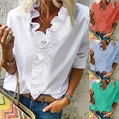 economico Top eleganti-camicetta da donna camicia scollo a v lattuga bordo semplice moderno scollo a v regolare primavera&amp;amp;  autunno verde blu bianco arancione