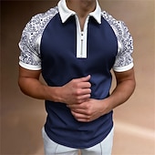 preiswerte Geometrisches Poloshirt für Herren-Herren Zip Polo Poloshirt Casual Täglich Viertel Postleitzahl Kurzarm Sport Modisch Farbblock Zip Viertel Postleitzahl Frühling Sommer Regular Fit Marineblau Zip Polo