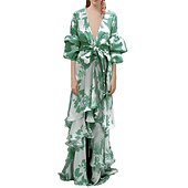 abordables Robes de vacances-Robe balançoire femme boho robe longue robe maxi robe bleu jaune vert clair floral à lacets manches lanterne printemps été robe profonde v ourlet irrégulier week-end coupe ample 2023 s m l xl xxl