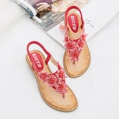 cheap Vacation Sandals-Women&#039;s Boho Floral Beaded Sandals – Casual Elastic Strap Summer Flip-Flops with Embellished Design for Beach or Casual Outfits