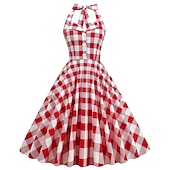 halpa Mekot-naisten 1950-luvun audrey hepburn riimu keinu mekko 100 % puuvillaa flare mekko retro vintage gingham check päivittäiset vaatteet teekutsut rento päivittäinen hihaton istuvuus&amp;amp; soihduttava mekko