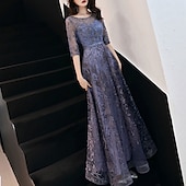 economico Lunghezza del pavimento-Abito da sera in linea A Abito elegante per invitato al matrimonio formale lunghezza fino al pavimento maniche a metà scollatura a gioiello in tulle con motivo/pattern ricamato/taglia