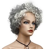economico parrucca più vecchia-Le parrucche da donna nere ricci corte miste crema grigio scuro riscaldano i capelli naturali lisci e amichevoli