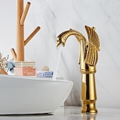 voordelige Klassiek-retro badkamer wastafel mengkraan messing swan shap, monobloc wasruimte wastafelkranen enkele handgreep een gat badrandcombinaties, mono watervat kraan warme en koude slang antiek