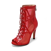 tanie Buty do tańca-damskie czarne lakierowane buty do tańca ze sztucznej skóry, sznurowane, z siateczki, buty z odkrytymi palcami i wysokim obcasem do tańca latynoskiego, salsy i towarzyskiego