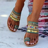 ieftine Sandale de vacanță-sandale de damă în stil boho cu margele, cu bretele colorate și inel pentru degete – pantofi de vară cu vârf deschis pentru ținute casual de plajă