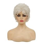 economico parrucca più vecchia-parrucche grigie corte ricci per le donne parrucca sintetica naturale soffice a strati cosplay di halloween resistente al calore