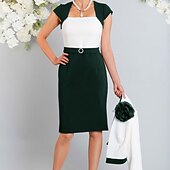 preiswerte Mit Jacke-Zweiteiliges Kleider-Mutter der Braut-Kleid Kirche Elegant Plus Size Juwel-Hals Knielang Stretch-Satin Kurze Jacke Kleider mit Blumen Farbblock Derby Kleid Rennenstag Kleid 2025