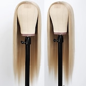 voordelige Topkwaliteit pruiken-blonde synthetische pruiken lang steil haar gemengd platina blond natuurlijke haarlijn hittebestendige vezel pruiken voor modieuze vrouwen