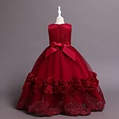baratos Vestidos floridos-Infantil Pouco Para Meninas Vestido Floral Tecido Vestido A Line Festa Espetáculo Com Transparência Laço Branco Roxo Vinho Assimétrico Sem Manga Princesa Doce Vestidos Primavera Verão Normal 3-12 anos