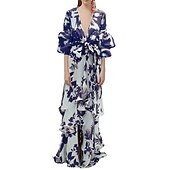 abordables Robes de vacances-Robe balançoire femme boho robe longue robe maxi robe bleu jaune vert clair floral à lacets manches lanterne printemps été robe profonde v ourlet irrégulier week-end coupe ample 2023 s m l xl xxl