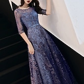 economico Lunghezza del pavimento-Abito da sera in linea A Abito elegante per invitato al matrimonio formale lunghezza fino al pavimento maniche a metà scollatura a gioiello in tulle con motivo/pattern ricamato/taglia
