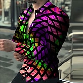 cheap Geometric Pattern-Men&#039;s Color Block Optical Illusion Geometric Pattern Shirt Button Up Shirt Long Sleeve Fashion Designer Casual Outdoor Street Holiday Summer Spring Turndown Print Button-Down Pink Purple Green