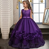 baratos Vestidos floridos-Infantil Pouco Para Meninas Vestido Floral Tecido Vestido A Line Festa Espetáculo Com Transparência Laço Branco Roxo Vinho Assimétrico Sem Manga Princesa Doce Vestidos Primavera Verão Normal 3-12 anos