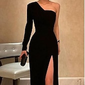 economico NERO-Abito da sera a tubino elegante abbigliamento formale lunghezza del pavimento maniche lunghe una spalla invitati a matrimoni tessuto elasticizzato con eleganza slit colore puro Masquerade Dress 2025