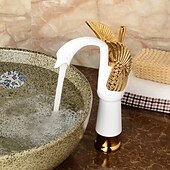 voordelige Klassiek-retro badkamer wastafel mengkraan messing swan shap, monobloc wasruimte wastafelkranen enkele handgreep een gat badrandcombinaties, mono watervat kraan warme en koude slang antiek