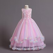 preiswerte Partykleider-Kinder Mädchen Kleid Blume ärmellos Performance Party Spitze süßes Polyester knielanges Tüllkleid Sommer Frühling Herbst 4–13 Jahre blau