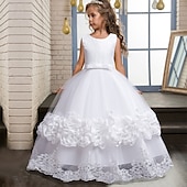 baratos Vestidos floridos-Infantil Pouco Para Meninas Vestido Floral Tecido Vestido A Line Festa Espetáculo Com Transparência Laço Branco Roxo Vinho Assimétrico Sem Manga Princesa Doce Vestidos Primavera Verão Normal 3-12 anos