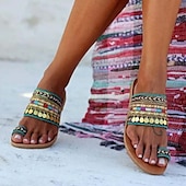 ieftine Sandale de vacanță-sandale de damă în stil boho cu margele, cu bretele colorate și inel pentru degete – pantofi de vară cu vârf deschis pentru ținute casual de plajă