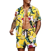 お買い得  メンズプリントシャツセット-男性用 グラフィック シュロの葉 熱帯植物 2個 シャツセット アロハシャツ 半袖 ショートパンツ 折襟 デザイナー ビーチスタイル バケーション カジュアル 日常 3D 夏 シルバー レッド-ホワイト グリーン-ブラック