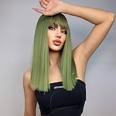 voordelige Synthetische trendy pruiken-synthetische pruik natuurlijk recht met pony pruik 16 inch ombre bruin synthetisch haar vrouwen natuurlijke mode pluizig bruin