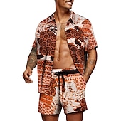 お買い得  メンズプリントシャツセット-男性用 グラフィック シュロの葉 熱帯植物 2個 シャツセット アロハシャツ 半袖 ショートパンツ 折襟 デザイナー ビーチスタイル バケーション カジュアル 日常 3D 夏 シルバー レッド-ホワイト グリーン-ブラック