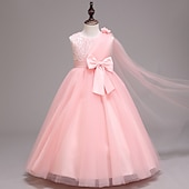preiswerte Kleider für die Blumenmädchen-kinderkleidung Mädchen Blumenmädchen Kleid Kleid Einfarbig Ärmellos Leistung Hochzeit Party Gitter Bestickt Schleife Prinzessin Süß Baumwolle Tüll Asymmetrisch Rosa Prinzessinnenkleid A Linie Kleid