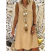 cheap Design Cotton &amp; Linen Dresses-Women&#039;s Black Yellow khaki Summer Spring Midi Dress Linen-Inspired Dresses Casual Dress Cotton Linen Dress Basic Casual Outdoor Vacation Daily Regular Fit Pure Color V Neck
