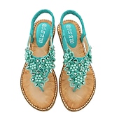 cheap Vacation Sandals-Women&#039;s Boho Floral Beaded Sandals – Casual Elastic Strap Summer Flip-Flops with Embellished Design for Beach or Casual Outfits