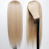 voordelige Topkwaliteit pruiken-blonde synthetische pruiken lang steil haar gemengd platina blond natuurlijke haarlijn hittebestendige vezel pruiken voor modieuze vrouwen