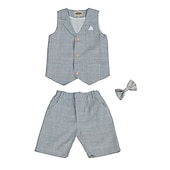 halpa Setit-Lapset Poikien Puvun liivi Shortsisetti Vaatesetti 3 osainen Hihaton Uima-allas Harmaa Punastuvan vaaleanpunainen Skottiruutukuvio Muodollinen Syntymäpäivä Lempeä Preppy -tyyli 4-13 vuotta